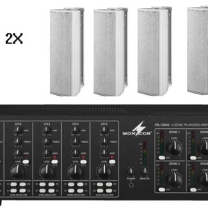 Monacor combi deal 1x PA-12040 4 zone mengversterker / 8x ETS-515TW /WIT